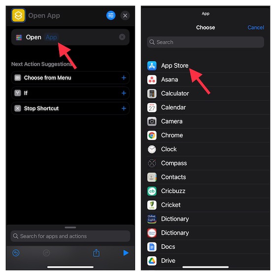 Seleccione la aplicación en la aplicación Atajos en iPhone 