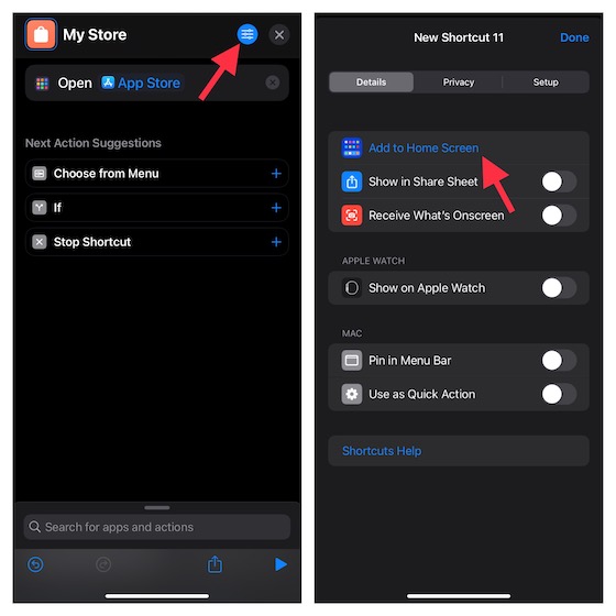 toque el botón de menú en la aplicación Accesos directos para iOS 