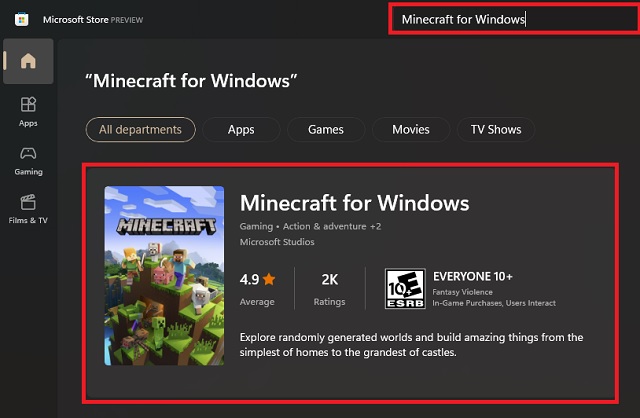Búsqueda de Minecraft para Windows en MS Store