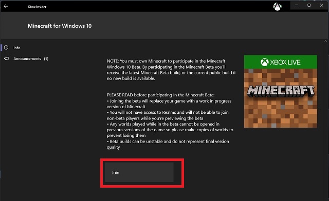 Únete a Minecraft Beta en Xbox Insider Hub