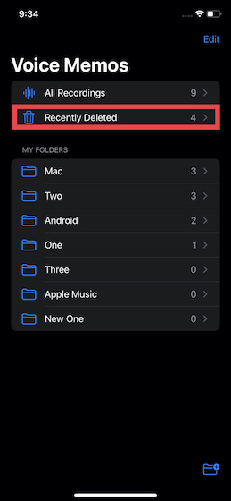 En Notas de voz para iOS, toque la carpeta Eliminados recientemente.