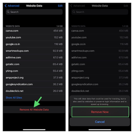 Eliminar datos del sitio web de Safari en iPhone y iPad