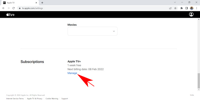 administrar Apple TV + opción de suscripción en un navegador web