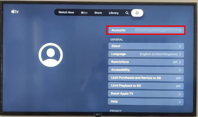opciones de cuenta en Apple TV + app en Smart TV