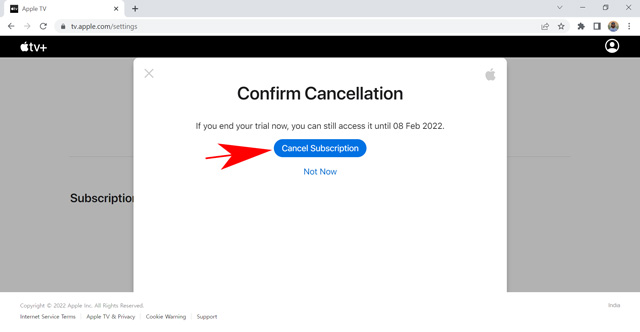 confirmar la cancelación de la suscripción a Apple TV + en un navegador web
