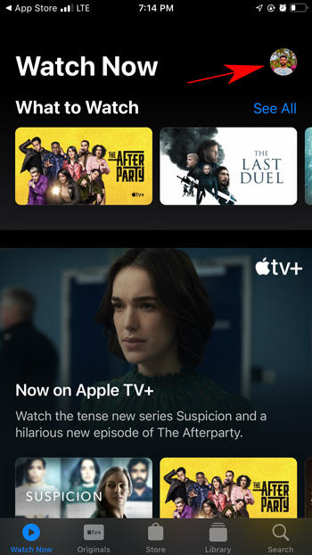 toque el ícono de perfil en la aplicación Apple TV + en iPhone