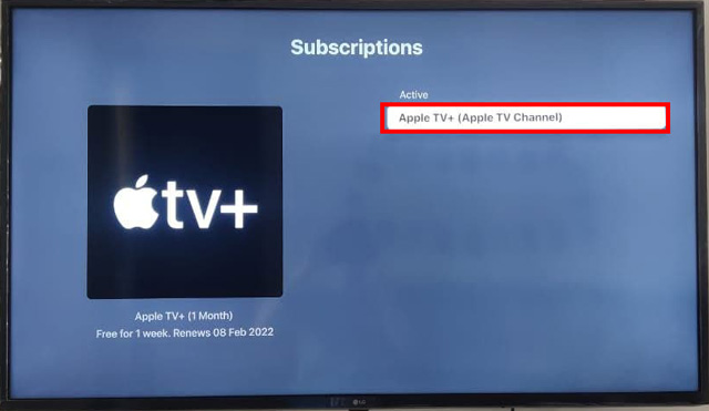 Opción Apple TV+ bajo suscripción activa en Smart TV