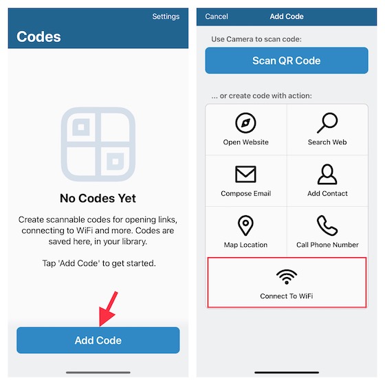 Toque Agregar código en la aplicación Visual Code para iOS