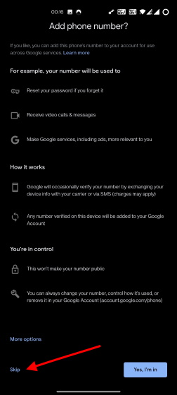 omitir agregar un número de teléfono a una cuenta de Google