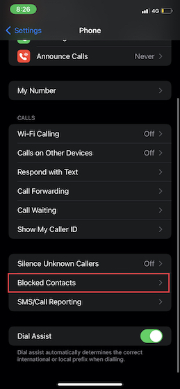 Toque Contactos bloqueados en la configuración del teléfono en iOS 