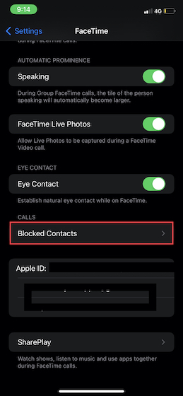 Toque Contactos bloqueados en la configuración de FaceTime en iOS