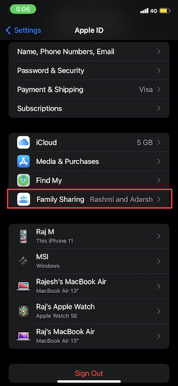 Toque Compartir en familia iOS