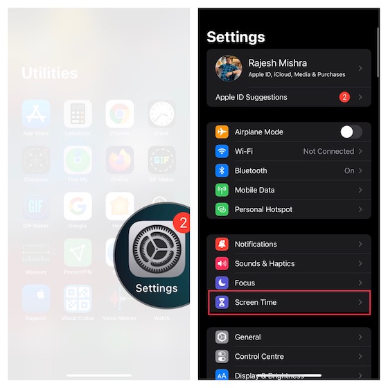 Toque Tiempo de pantalla en la configuración de iOS