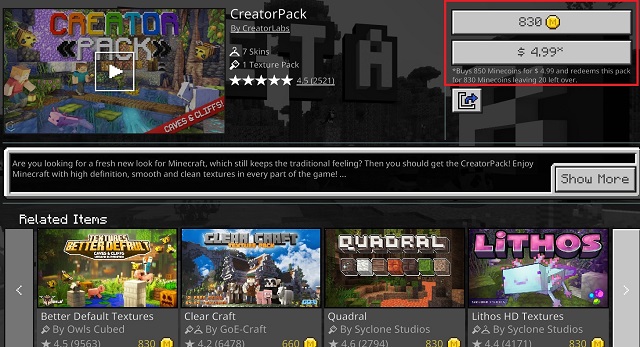 Descargue la página de paquetes de texturas de Minecraft en el mercado