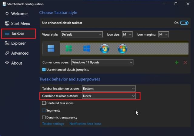 Desagrupar los iconos de la barra de tareas de Windows 11 con StartAllBack