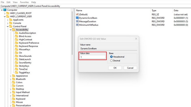 establezca las barras de desplazamiento dinámicas en 1 para mostrar siempre la barra de desplazamiento en Windows 11
