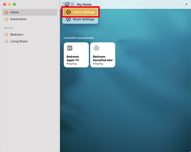 Opciones de configuración de inicio en la aplicación Mac Home