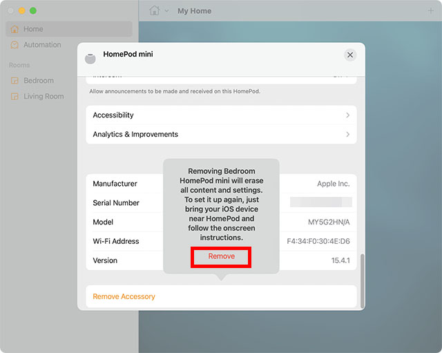 restablecer la confirmación de la aplicación homepod mini home mac