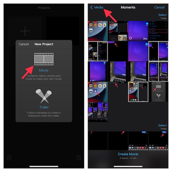 Toque Medios en iMovie en iOS y iPadOS 