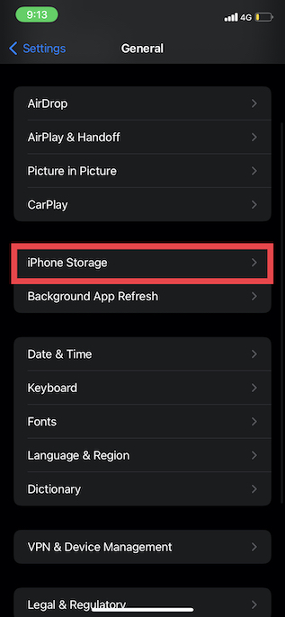 Toque Almacenamiento de iPhone en iOS