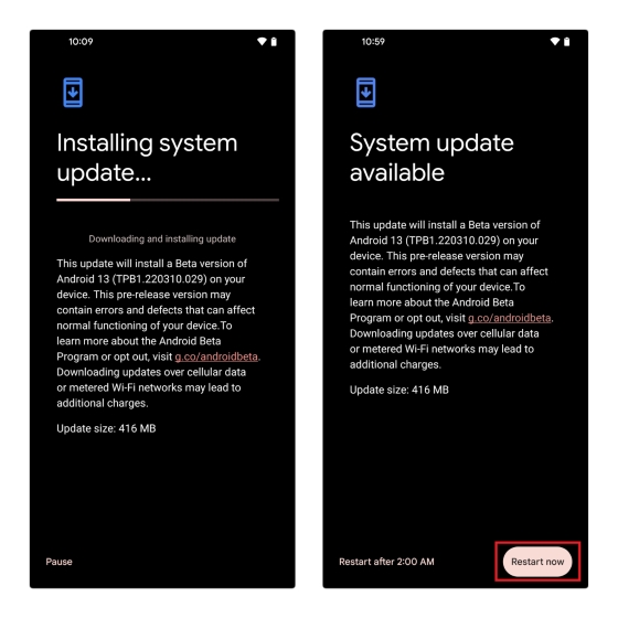 reiniciar después de instalar Android 13 beta