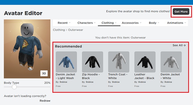 Opciones de ropa vacía Roblox Avatar Editor