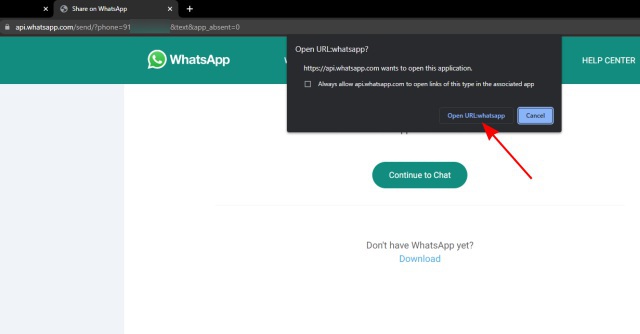 abre el escritorio de whatsapp para enviar un mensaje a un número inseguro