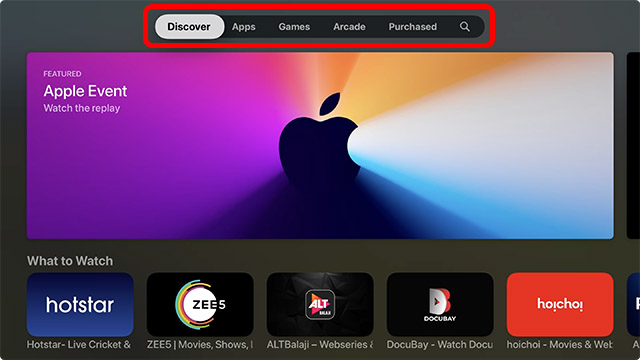 pestañas en la tienda de aplicaciones en apple tv