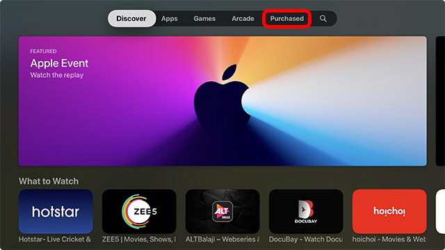 pestaña de aplicaciones compradas en la tienda de aplicaciones Apple TV