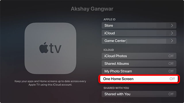 opción de pantalla de inicio solo en apple tv