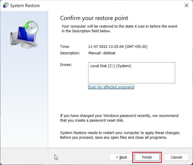 Ejecute Restaurar sistema en Windows 11