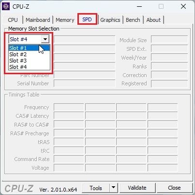 Encuentre ranuras de RAM disponibles en Windows 11 con CPU-Z