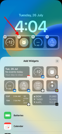 Presione el signo menos para eliminar el widget de la pantalla de bloqueo de iOS 16
