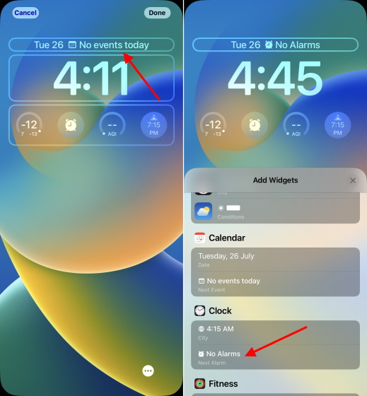 Cambiar el widget con el tiempo en la pantalla de bloqueo de iOS 16