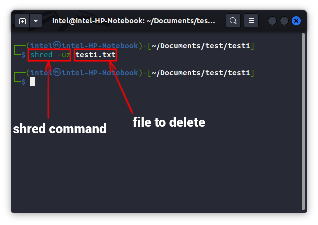 elimine el archivo usando el comando shred